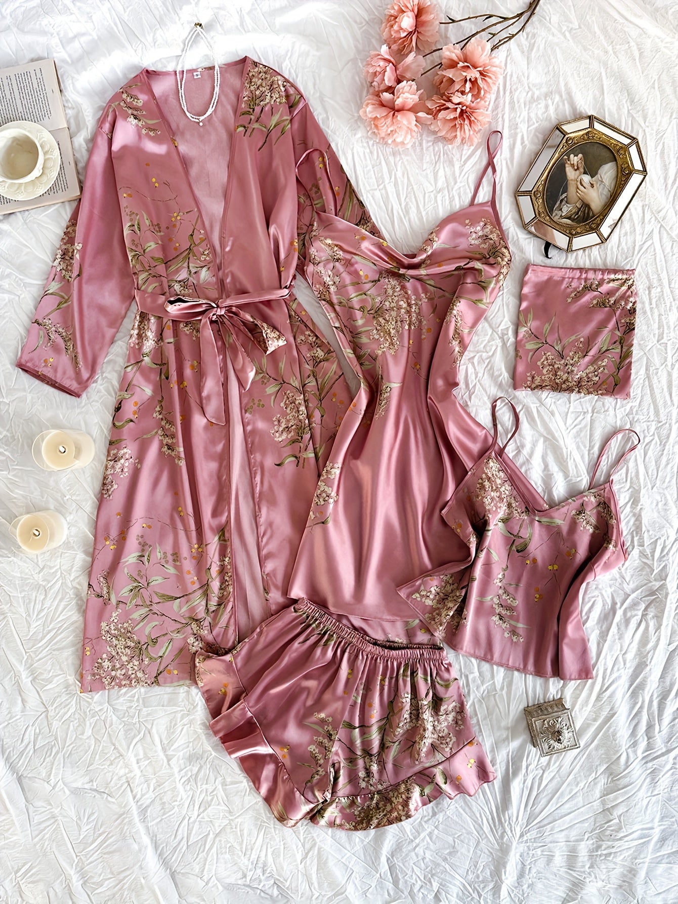 Women's Four Seasons Breathable and Comfortable Printed Nightgown and Pajama Set of 5
